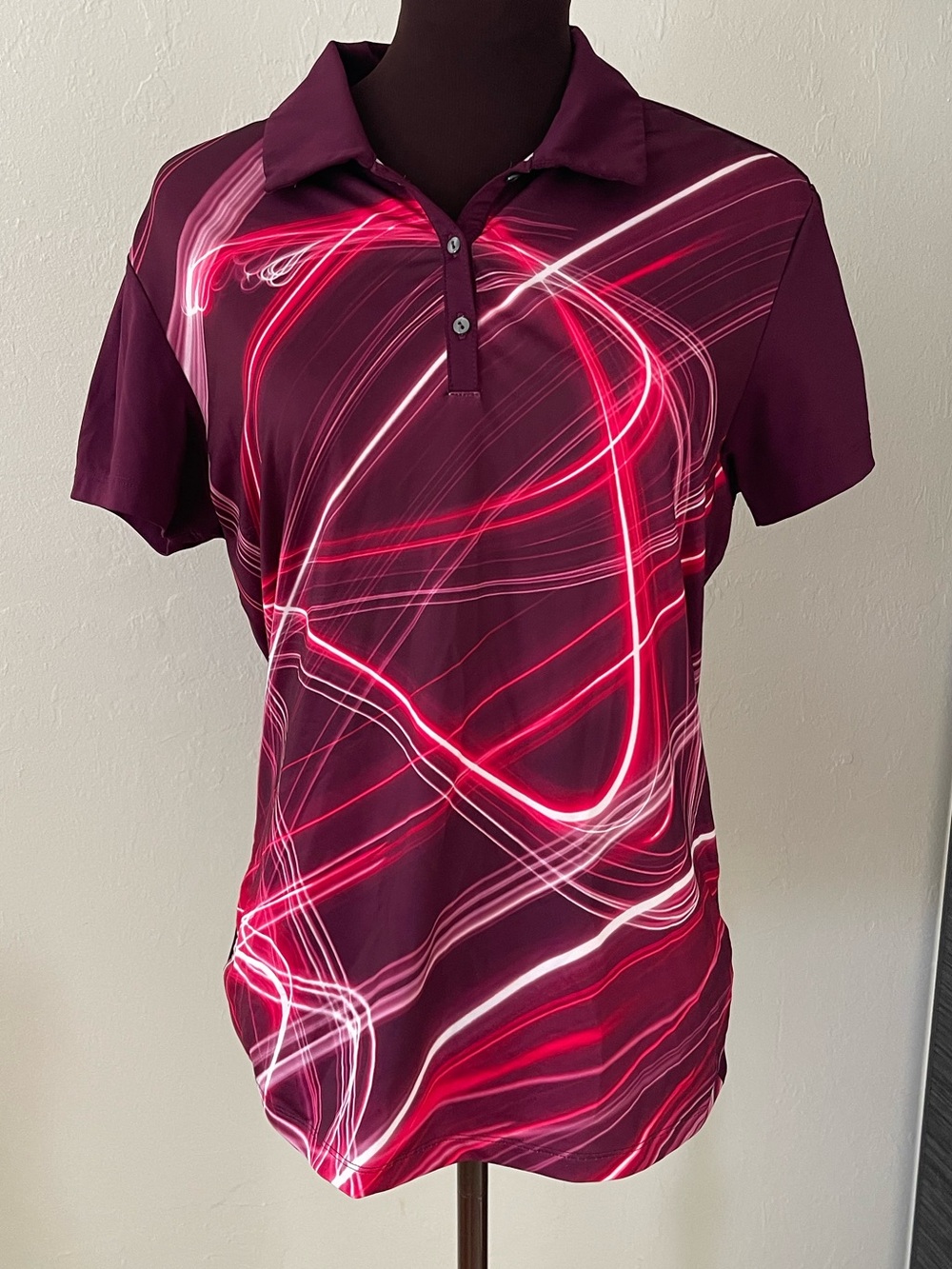 Puma Women's Maroon Polo with Pink and White Lightwave Print golf athletic mediu